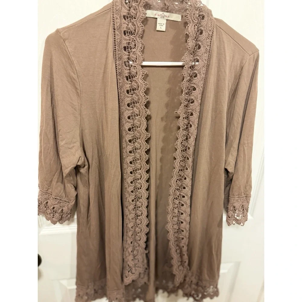 Fever Womens Mocha Brown Crochet Lace‎ Trim Open Front Cardigan 3/4 Sleeve Large